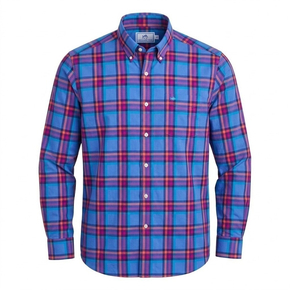 Southern Tide Mens LARGE Blue Purple Plaid Classic Fit Cotton Button Down Shirt